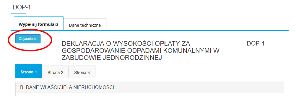 Zakreślony Przycisk 'Objaśnienia', położony w lewym górnym rogu formularza